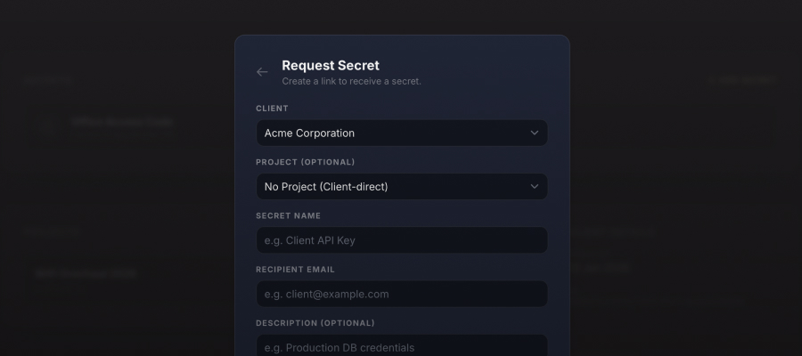 Request secret form — generate a link to collect credentials